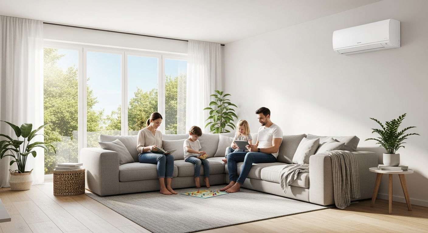 Famille profitant d'un intérieur climatisé et confortable