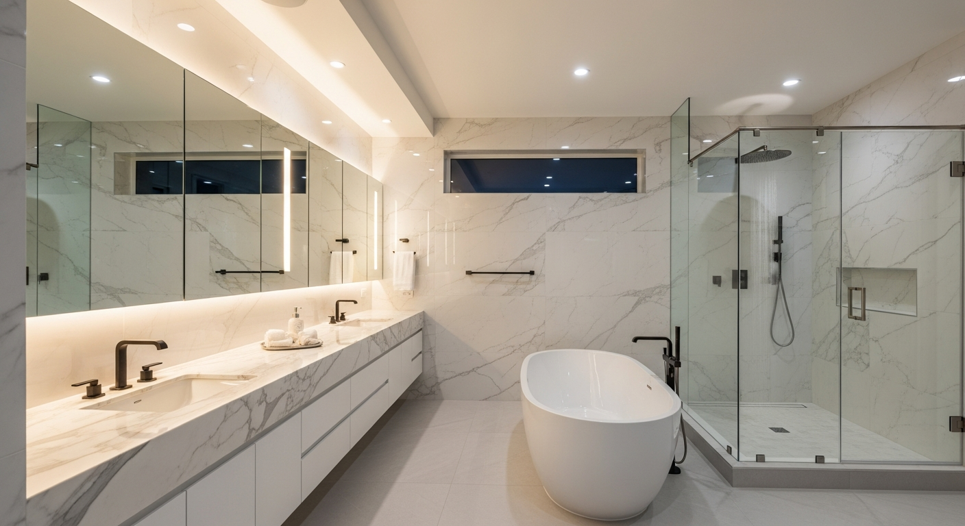 Salle de bain de luxe rénovée avec marbre et baignoire ilot