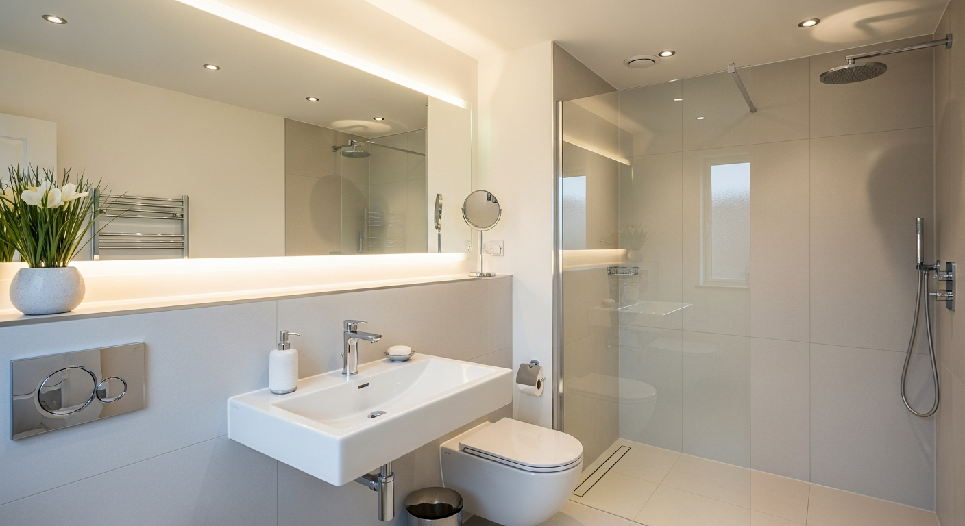 Salle de bain moderne rénovée avec robinetterie chromée