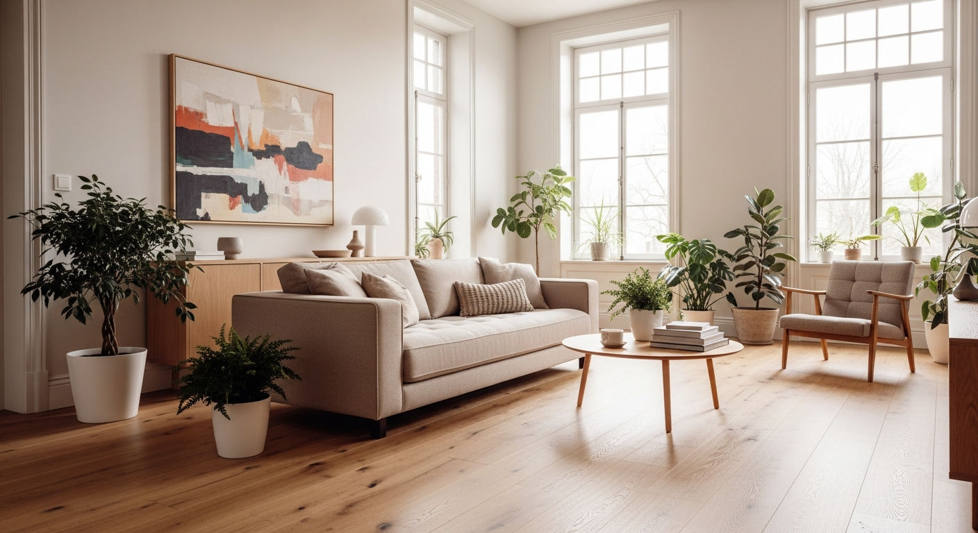 Salon contemporain avec parquet en chêne clair installé sur plancher chauffant