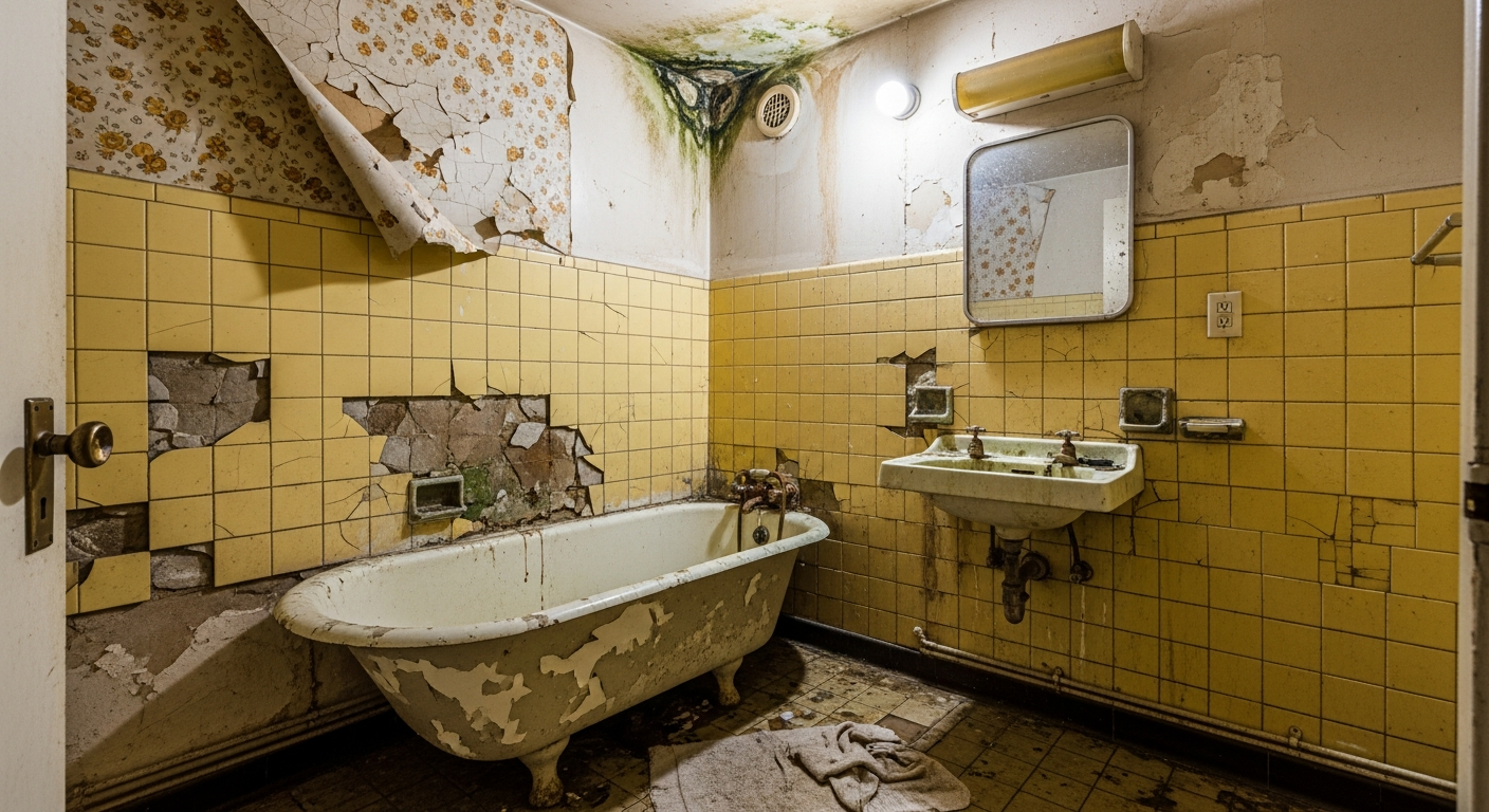 Salle de bain vétuste avant rénovation avec carrelage ancien