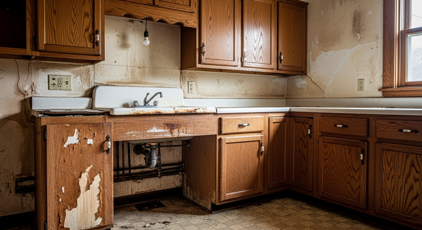 Cuisine ancienne avec plomberie vétuste avant intervention