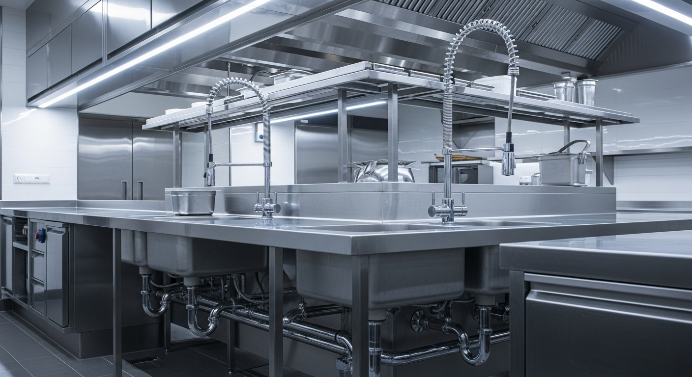 Installation plomberie professionnelle dans une cuisine de restaurant
