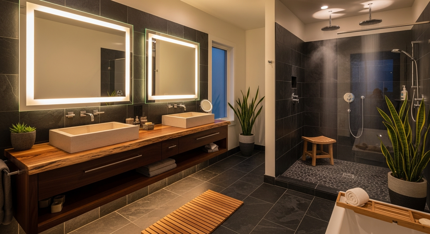 Salle de bain ambiance spa avec douche multi-jets et matériaux naturels