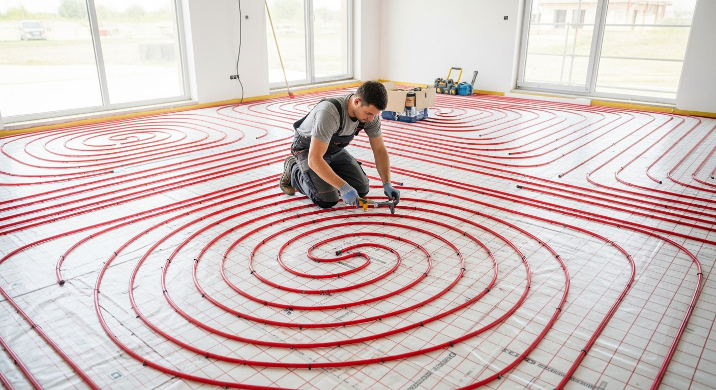 Installation de plancher chauffant hydraulique avec tuyaux PEX